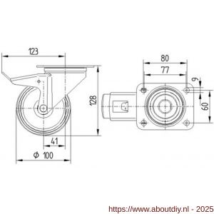 Tente zwenkwiel met plaat met rem grijs 100 mm maximaal 160 kg - A21905272 - afbeelding 2