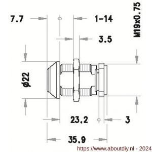 Evva plaatmontagecilinder 19 mm 3KS diameter 22 mm keersleutel verschillend sluitend messing vernikkeld - A22102450 - afbeelding 2