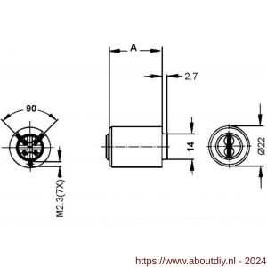 Evva meubelcilinder 27 mm lang 3KS diameter 22 mm keersleutel plan messing vernikkeld - A22100572 - afbeelding 2