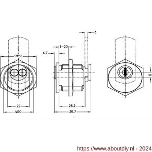 Evva plaatmontagecilinder EPS M30x1,5 mm stiftsleutel conventioneel plan messing vernikkeld - A22102483 - afbeelding 2