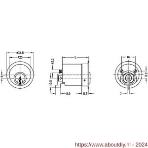 Evva meubelcilinder 26 mm lang TSC diameter 25 mm stiftsleutel conventioneel verschillend sluitend messing vernikkeld - A22100671 - afbeelding 2