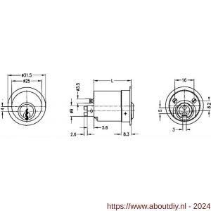 Evva meubelcilinder 36 mm lang TSC diameter 25 mm stiftsleutel conventioneel verschillend sluitend messing vernikkeld - A22100678 - afbeelding 2