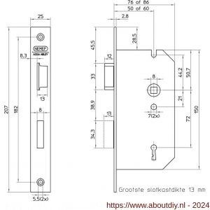 Nemef deurslot klaviersleutel 66/2-50 DR draairichting 1+3 bulk per 5 - A19501191 - afbeelding 2