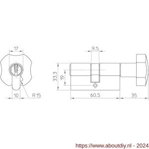 Nemef dubbele Europrofielknopcilinder 133/9P 3 sleutels knop 10 mm en sleutel 15 mm verlengd gelijksluitend BW - A19500159 - afbeelding 2