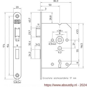 Nemef deurslot klaviersleutel 1266/17-50 DR draairichting 1+3 bulk per 10 - A19501178 - afbeelding 2