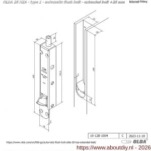 Olda 28 HZA 20 T1 automatische kantschuif type 28 HZA type 1 verlengde schoot +20 mm staal verzinkt voor houten deuren - A30205030 - afbeelding 2