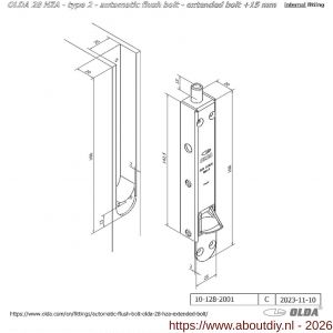Olda 28 HZA 15 T2 automatische kantschuif type 28 HZA type 2 verlengde schoot +15 mm staal verzinkt voor houten deuren - A30205031 - afbeelding 2
