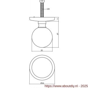 Intersteel Living 3930 voordeurknop bolrond diameter 50 mm op achterplaat diameter 66 mm messing getrommeld - A26001025 - afbeelding 2