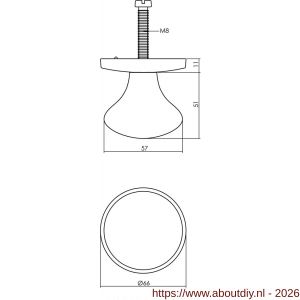Intersteel Living 3930 voordeurknop Paddenstoel diameter 58 mm op achterplaat diameter 66 mm éénzijdige montage PVD messing getrommeld - A26010935 - afbeelding 2