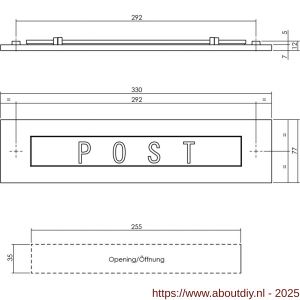 Intersteel Living 4000 briefplaat rechthoekig 330x77 mm met verende klep binnendraaiend met tekst POST messing getrommeld - A26010141 - afbeelding 2