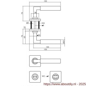 Intersteel 1741 deurkruk Baustil op rozet verdekt 55x55x10 mm met nokken en WC-sluiting met stift 8x8 mm PVD messingkleur - A26010157 - afbeelding 2