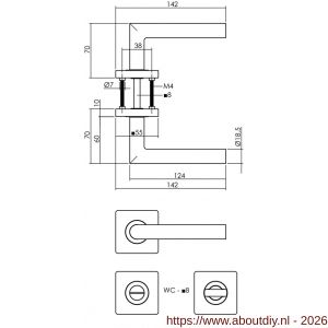 Intersteel 1747 deurkruk Bastian op rozet verdekt 55x55x10 mm met nokken en WC-sluiting met stift 8x8 mm PVD messingkleur - A26010192 - afbeelding 2