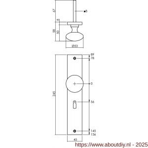 Intersteel Living 2128 knopschild rechthoekig 245x45x8 mm met vaste knop Paddenstoel en wisselstift sleutelgat 56 mm PVD messingkleur - A26010194 - afbeelding 2