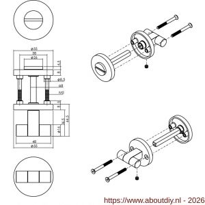 Intersteel 3175 WC-sluiting éénzijdig verdekt diameter 55x8 mm met stift 8x8mm knop op schroefgat rozet PVD messing mat - A26011390 - afbeelding 2