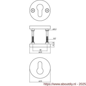 Intersteel 3175 cilinderrozetten éénzijdig verdekt diameter 55x8 mm met nokken diameter 8 mm PVD messing mat - A26011351 - afbeelding 2