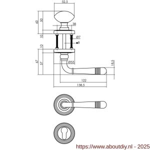 Intersteel 1725 knop-kruk garnituur rechts Helena op rozet verdekt met rillen diameter 55x10 mm met nokken en cilinderrozetten chroom-nikkel mat - A26008117 - afbeelding 1