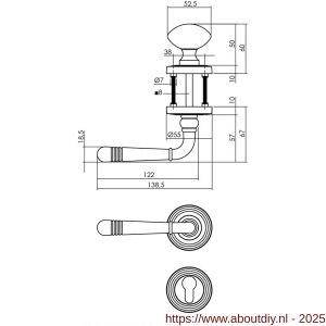 Intersteel 1725 knop-kruk garnituur links Helena op rozet verdekt met rillen diameter 55x10 mm met nokken en cilinderrozetten chroom-nikkel mat - A26008118 - afbeelding 1