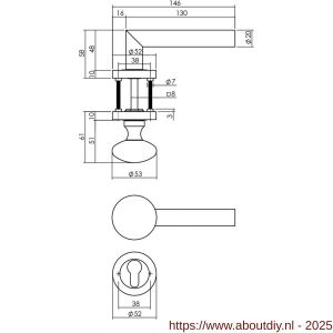 Intersteel 1693 knop-kruk garnituur links Bastian op rozet verdekt diameter 52x10 mm met nokken en cilinderrozetten zwart - A26008240 - afbeelding 2