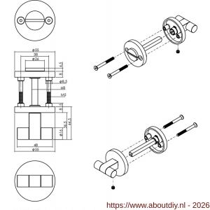 Intersteel 3175 WC-sluiting éénzijdig verdekt diameter 55x8 mm met stift 8x8mm knop op verdekte rozet PVD zwart - A26011391 - afbeelding 2