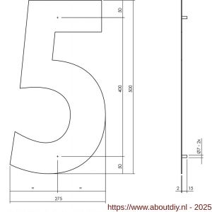 Intersteel Living 4021 huisnummer 5 XXL hoogte 500 mm RVS structuur zwart - A26009191 - afbeelding 2