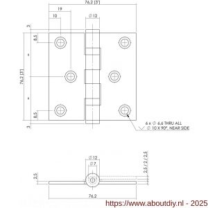 Intersteel Living 4625 kogellagerscharnier recht 3 inch 76x76x2.5 mm zwart - A26008335 - afbeelding 2