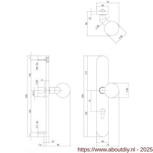 Intersteel 0661 knopschild ovaal verdekt XL rechts 278x40x10 mm met nokken en vaste knop bol-schuin profielcilindergat 72 mm RVS - A26005301 - afbeelding 2