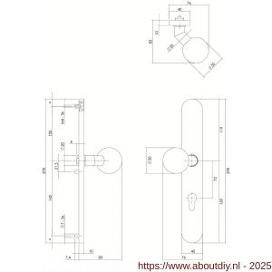Intersteel 0661 knopschild ovaal verdekt XL links 278x40x10 mm met nokken en vaste knop bol-schuin profielcilindergat 72 mm RVS - A26005302 - afbeelding 2