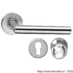 Intersteel 0763 knop-kruk garnituur brandvertragend Jura op rozet verdekt diameter 53x10 mm met nokken en cilinderrozetten RVS - A26008439 - afbeelding 1