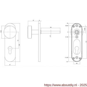 Intersteel 0778 knopschild ovaal verdekt brandvertragend 170x47x8 mm met vaste knop plat en wisselstift 9 mm profielcilindergat 72 mm RVS - A26000972 - afbeelding 2