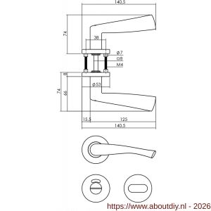 Intersteel 1279 deurkruk Vlinder op rozet verdekt diameter 53x8 mm met nokken en WC-sluiting met stift 8x8 mm RVS - A26000622 - afbeelding 2