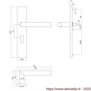 Intersteel Essentials 1307 deurkruk Jura op schild verdekt rechthoekig 219x40 mm met nokken profielcilindergat 72 mm RVS EN 1906/4 - A26005703 - afbeelding 2