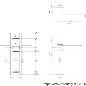 Intersteel 1337 deurkruk Vierkant op schild verdekt rechthoekig 219x40 mm met nokken WC 72/8 mm RVS EN 1906/4 - A26005763 - afbeelding 2