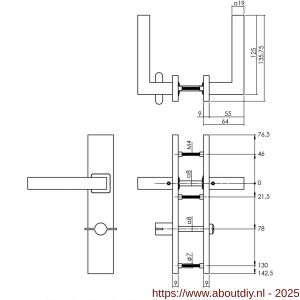 Intersteel 1337 deurkruk Vierkant op schild verdekt rechthoekig 219x40 mm met nokken WC 78/8 mm RVS EN 1906/4 - A26010816 - afbeelding 2