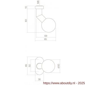 Intersteel 2165 knop bol-schuin vast op rozet ovaal 4 mm RVS - A26001001 - afbeelding 2