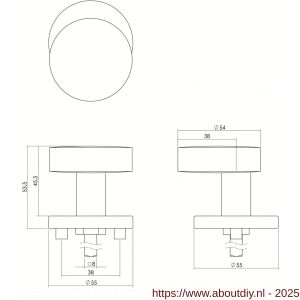 Intersteel Living 2186 knop 218630 rond verkropt vast op diameter 55 mm rozet staal 7 mm nok met stift M10/89 RVS (EN1916/4) - A26005845 - afbeelding 2