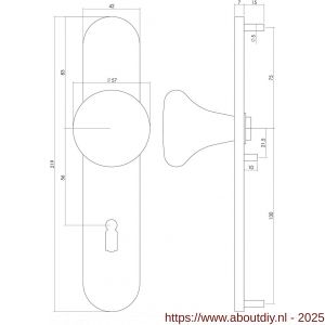 Intersteel 2697 knopschild ovaal verdekt 220x42x8 mm met nokken en vaste knop Paddenstoel sleutelgat 56 mm RVS - A26003300 - afbeelding 2