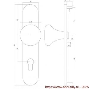 Intersteel 2697 knopschild ovaal verdekt 220x42x8 mm met nokken en vaste knop Paddenstoel profielcilindergat 72 mm RVS - A26003303 - afbeelding 2