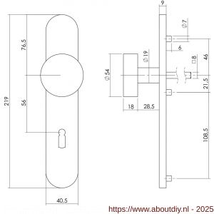Intersteel Living 2752 knopschild ovaal verdekt 219x41x8 mm met nokken en vaste knop plat sleutelgat 56 mm EN 1906/4 RVS - A26005861 - afbeelding 2