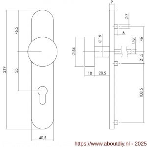 Intersteel Living 2752 knopschild ovaal verdekt 219x41x8 mm met nokken en vaste knop plat profielcilindergat 55 mm EN 1906/4 RVS - A26005862 - afbeelding 2