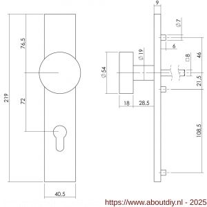 Intersteel 2754 knopschild rechthoekig verdekt 219x41x8 mm met nokken en vaste knop plat profielcilindergat 72 mm EN 1906/4 RVS - A26005868 - afbeelding 2