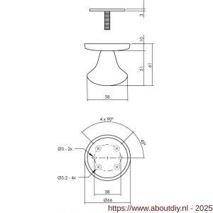 Intersteel Essentials 3930 voordeurknop Paddenstoel diameter 58 mm op achterplaat diameter 66 mm éénzijdige montage RVS - A26006035 - afbeelding 2