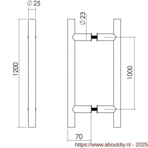 Intersteel Essentials 4325 deurgrepen per paar T-vorm 1200x70x25 mm hart op hart 1000 mm RVS - A26006109 - afbeelding 2