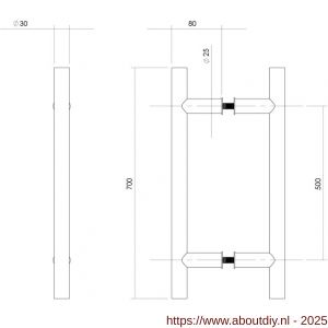 Intersteel Essentials 4327 deurgrepen per paar T-vorm 700x80x30 mm hart op hart 500 mm RVS - A26008693 - afbeelding 2
