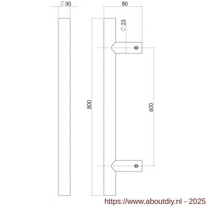 Intersteel Essentials 4327 deurgreep per stuk T-vorm 800x80x30 mm hart op hart 600 mm RVS - A26008694 - afbeelding 2
