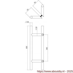Intersteel Essentials 4329 deurgrepen per paar T-vorm schuin 500x90x30 mm hart op hart 300 mm RVS - A26006121 - afbeelding 2