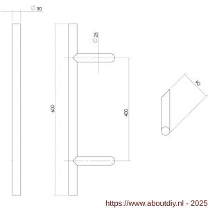 Intersteel Essentials 4329 deurgreep per stuk T-vorm schuin 600x90x30 mm hart op hart 400 mm RVS - A26008716 - afbeelding 2