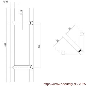 Intersteel Essentials 4329 deurgrepen per paar T-vorm schuin 600x90x30 mm hart op hart 400 mm RVS - A26008717 - afbeelding 2