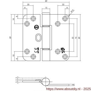 Intersteel Living 4625 glijlagerscharnier afgerond 89x89x3 DIN links-rechts CE (EN1935: 2002) RVS geborsteld zonder schroeven - A26009282 - afbeelding 2