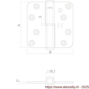 Intersteel Essentials 4626 kogelstift Paumelle DIN rechts afgerond 3,5x3,5 inch 89x89x3 mm RVS CE zonder schroeven - A26006168 - afbeelding 2