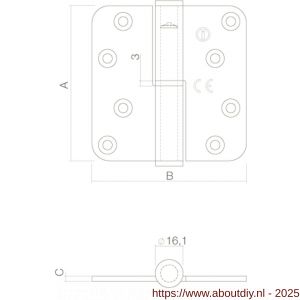 Intersteel Essentials 4626 kogelstift paumelle DIN links afgerond 3,5x3,5 inch 89x89x3 mm RVS CE zonder schroeven - A26000048 - afbeelding 2